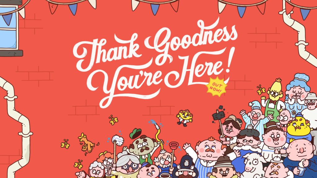 Thank Goodness You're Here! Cartoon art of a huge mass of goofy characters in front of a brick wall.